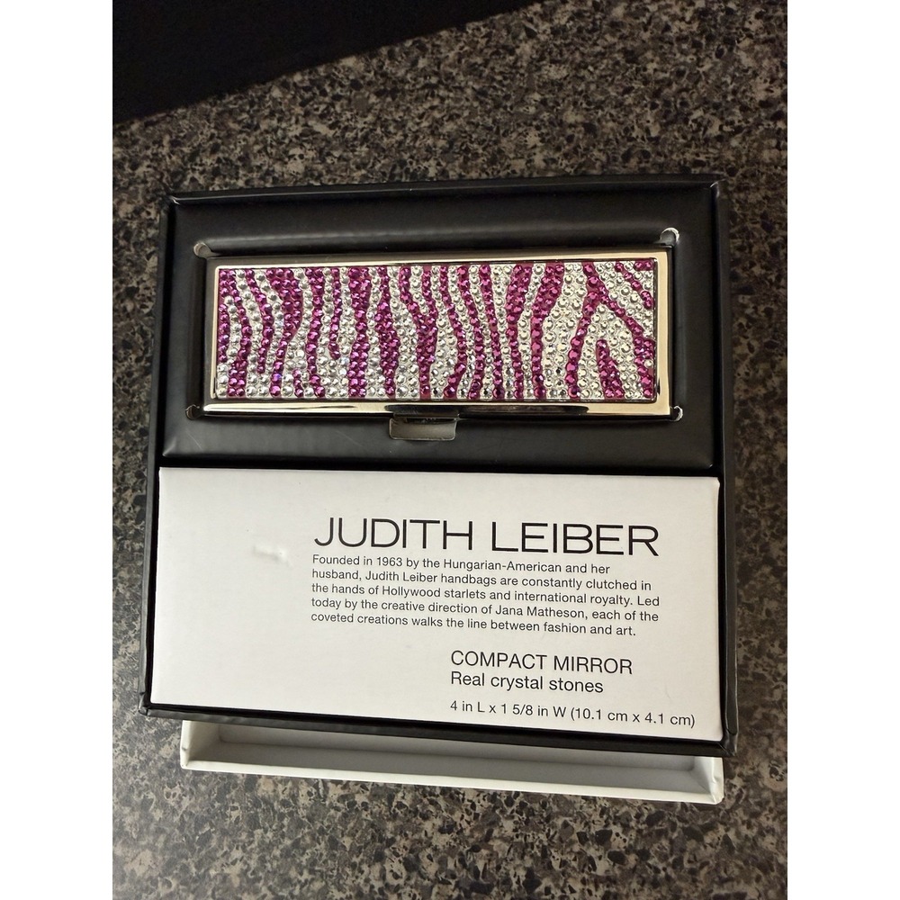 Judith Leiber Crystal Compact Mirror Slim Pink Silver Zebra Gems Dust Bag EUC